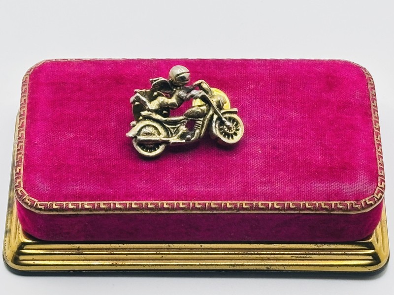 Vintage BIKER Camco Gold Motorcycle Helmeted Guardian Angel Lapel Brooch Pin gallery