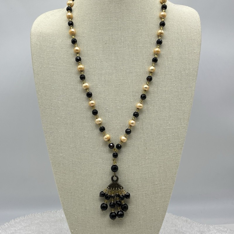 Vintage Tassel Necklace Faux Pearl Black Glass Rhinestone Beads 24″ Chain