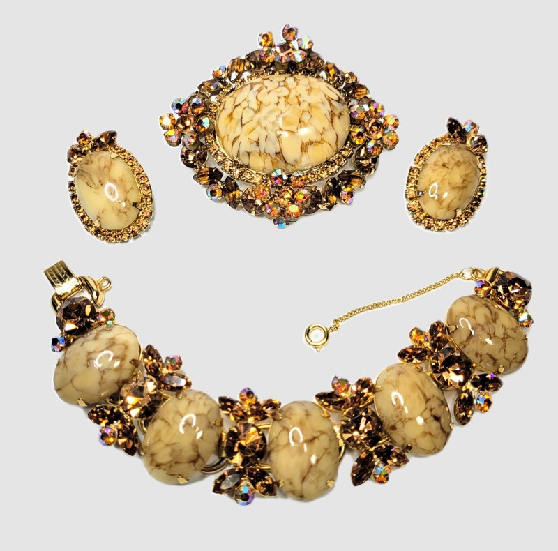 Juliana D&E Faux Honey Malachite Marble Bracelet Brooch Earrings Set Book Piece
