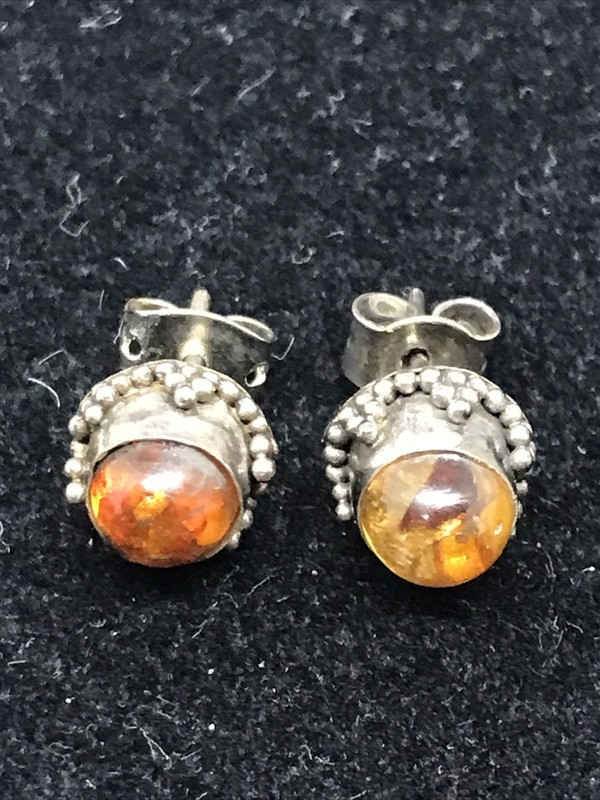 Vintage Sterling Silver 925 Amber Stones Pierced Round Shaped Earrings