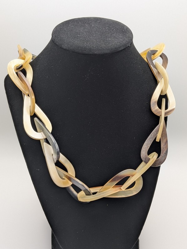 Vintage Buffalo Horn Teardrop Chain Necklace Faux Tortoise Shell Brown, Cream