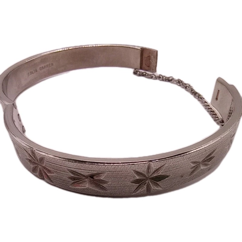 Vintage Solid Copper Bangle Bracelet Etched Starburst Silver Plated 8 in gallery