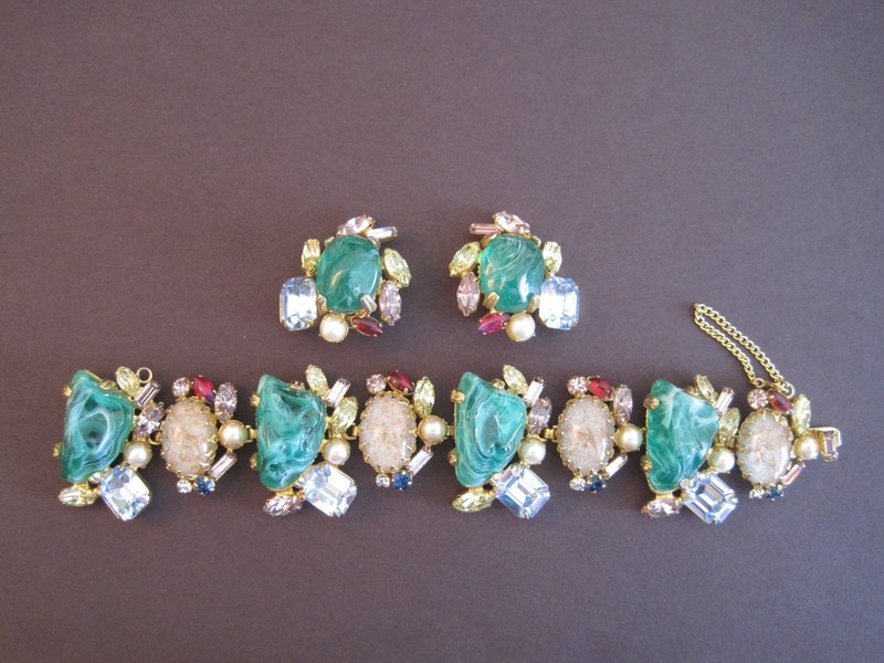 vintage signed ALICE CAVINESS GREEN BRACELET EARRINGS SET “flawed emerald”