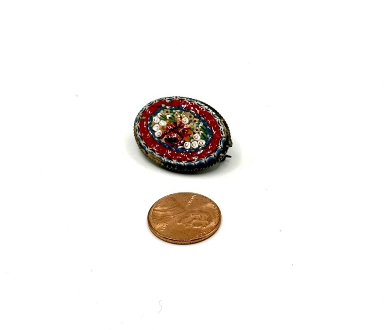 Vintage Italian Micro Mosaic Brooch Floral Red Green Gold Tone Italy Pin