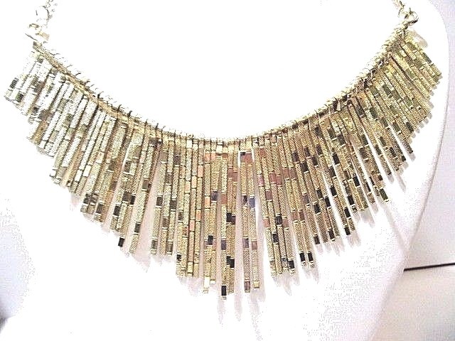 Gold Tone Bib Fringe Necklace Light and Darker Tone Vintage Necklace