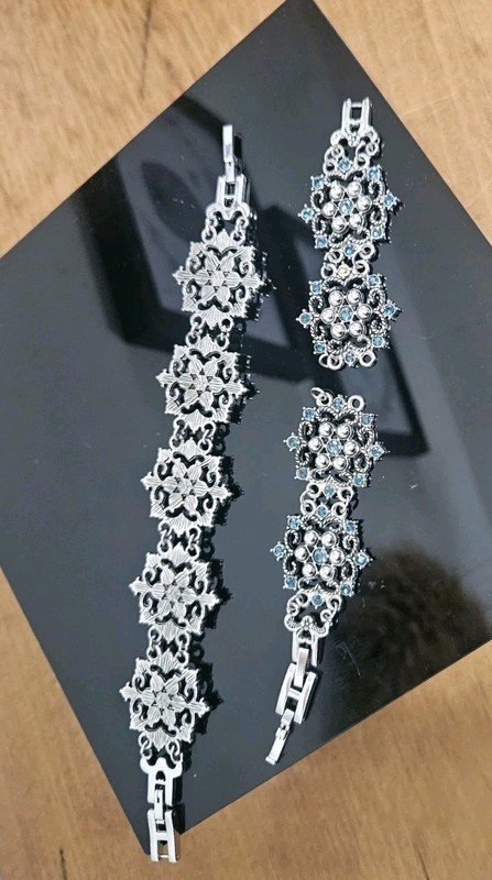 Vintage Silver Tone Blue Rhinestone Filigree Bracelet Adjustable Length gallery