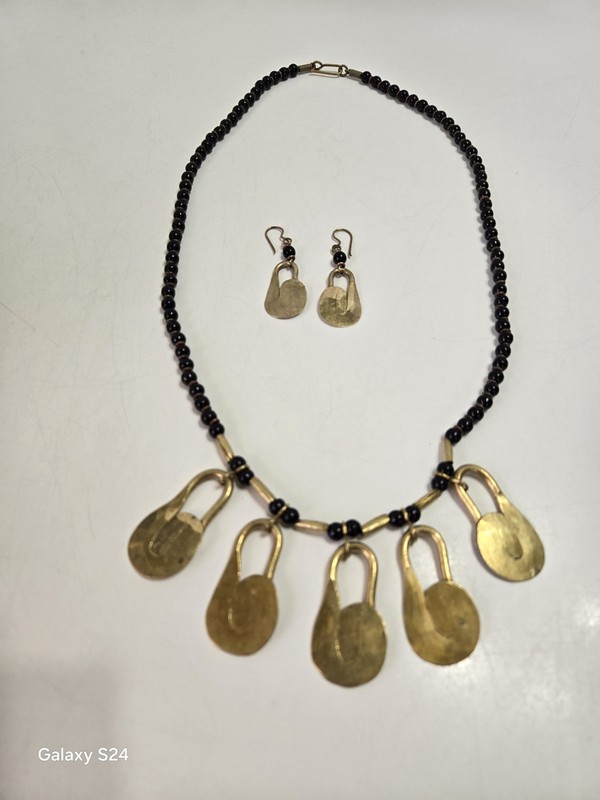 Rare Vintage BRASS BEADED Necklace Earring Set Unique Brutalist Jewelry- Used
