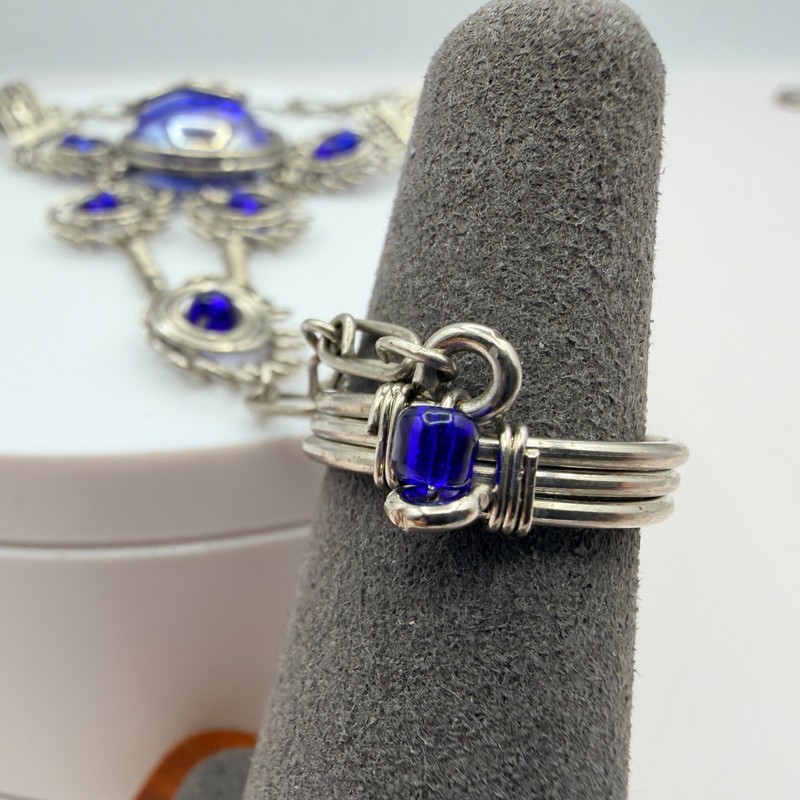 Vintage Silver Tone Slave Bracelet Ring Set Blue Cabochon Stone Boho Filigree gallery