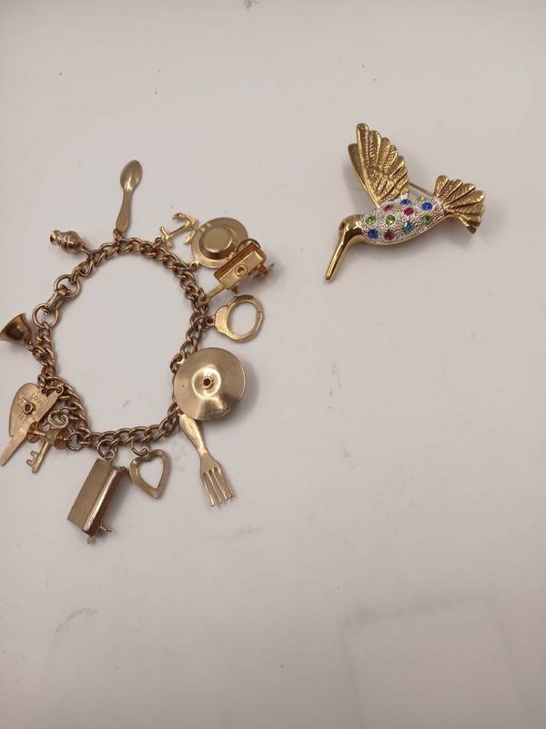 Vintage Gold-Toned Bracelet with Hummingbird Brooch with Rhinestones