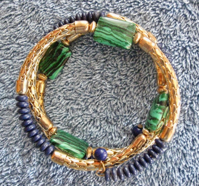 Expandable Spring - Memory Wire. Bangle Bracelet. 3 Rows; Gold Tone Navy Green gallery