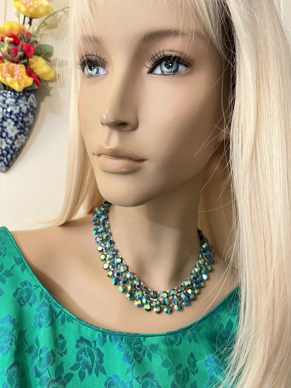 Vintage 3 Strand Peacock Green/Blue Aurora Borealis Crystal Necklace Not Signed gallery
