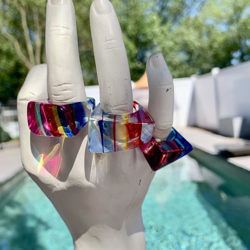 VTG NOS 1960’s Lucite Mod Ring Stripes & Geometric Rainbow Multicolored 6,7,8