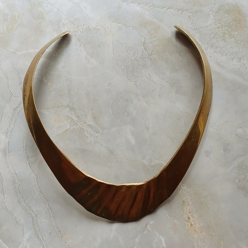 Vintage Egyptian Revival Sculptural Textured Boho Brass Collar Necklace India