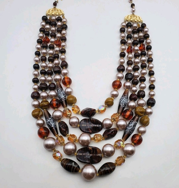 Vtg MCM Brown Art Glass Beads 5 Strand Necklace Multi Strand Necklace 15-17″
