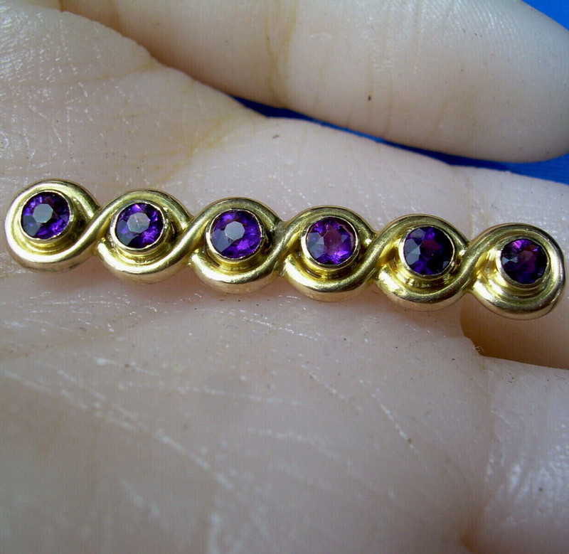 ORIGINAL Antique Amethyst DECO Brooch GATSBY era Vintage SOLID 14K GOLD Bar PIN gallery
