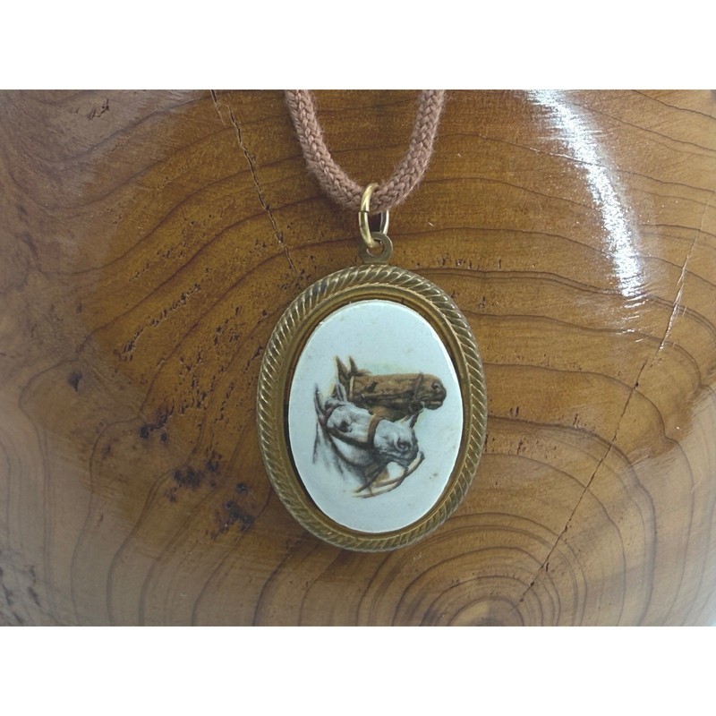 Vintage Horse Portrait Pendant Necklace Ceramic Brass Equestrian Dark Academia