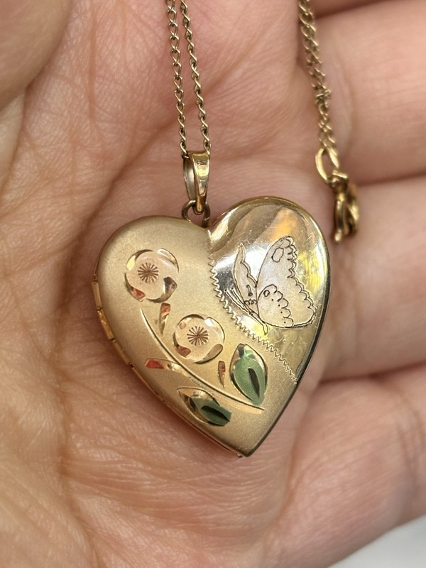 Vintage 14K Gold Filled Heart Locket Butterfly Floral Necklace 18” Chain