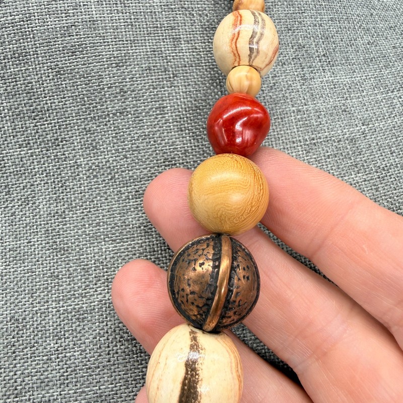 Vintage Necklace MCM Beaded Acrylic Wood Orange Cream Brown 25 Inches Mid Mod gallery