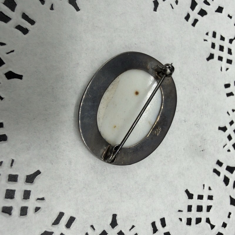 Vintage Sterling Silver 925 Blue White Porcelain Delft Style Oval Pin Brooch gallery