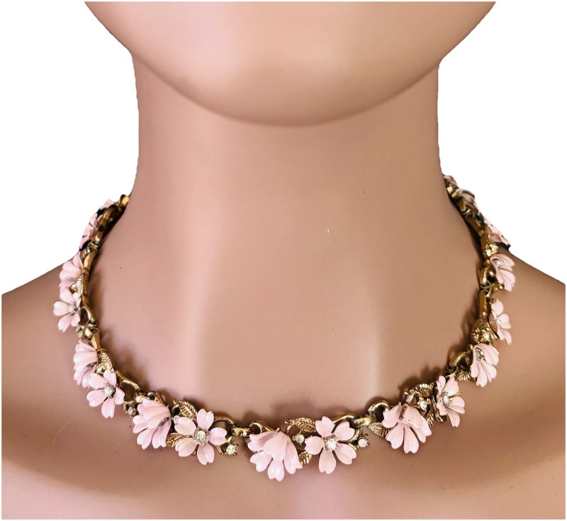 MCM Trifari Fleurette Pink Enamel Necklace Tiny Icy Rhinestones Gold Tone Links gallery