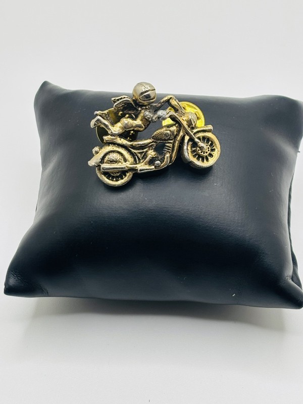 Vintage BIKER Camco Gold Motorcycle Helmeted Guardian Angel Lapel Brooch Pin gallery