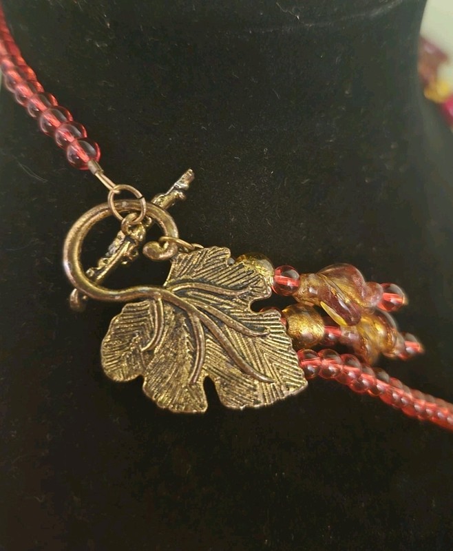 Vintage Red & Gold Glass Leaf & Glass Beaded Necklace W/ Gold Tone Leaf Clasp gallery