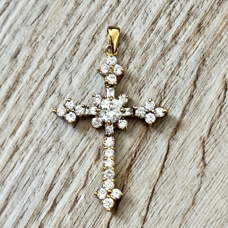 White Crystal Rhinestone Cross Pendant Gold Tone
