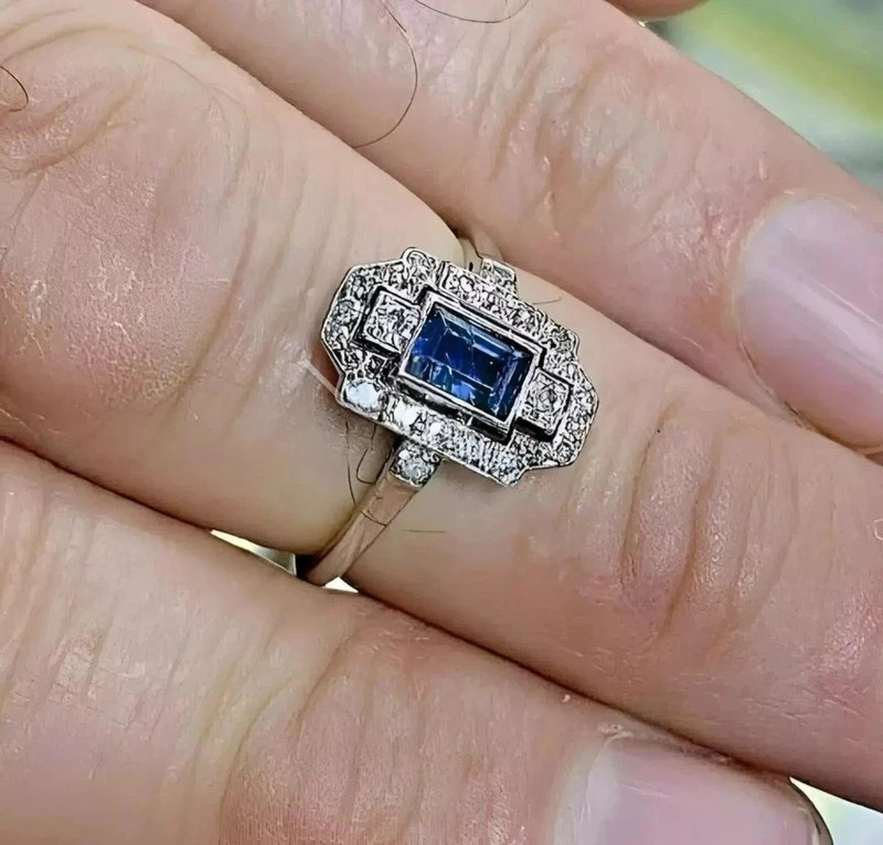 Antique 2Ct Blue and White Stones Art Deco Engagement Ring in Sterling Silver gallery