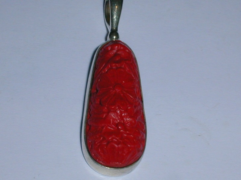RARE~ VINTAGE SAJEN STERLING SILVER CARVED FLORAL CINNABAR LONG PENDANT! gallery