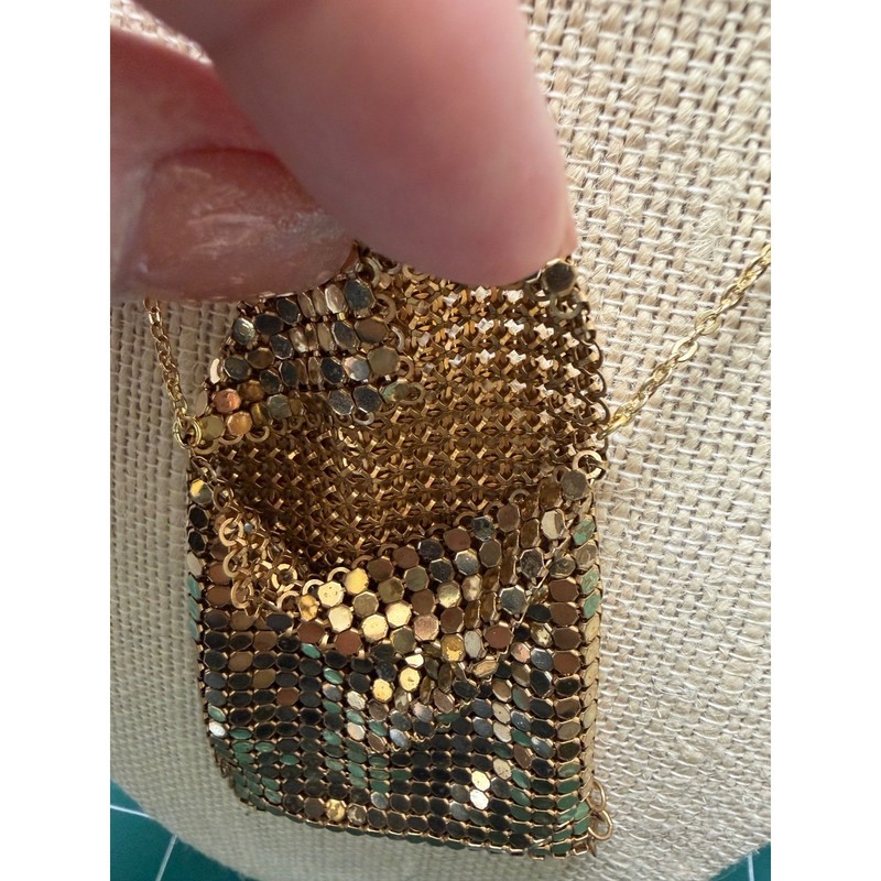 Vintage Gold Mesh Pouch Pendant Necklace Miniature Bag Statement Jewelry 32 In gallery