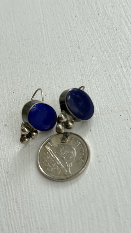 Vintage Mexican 925 Sterling Silver Lapis Blue Stone Dangle Earrings Taxco