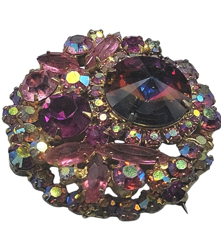 Juliana D&E Vintage Watermelon Rivoli Brooch Layered Pink Fuchsia AB Rhinestones gallery