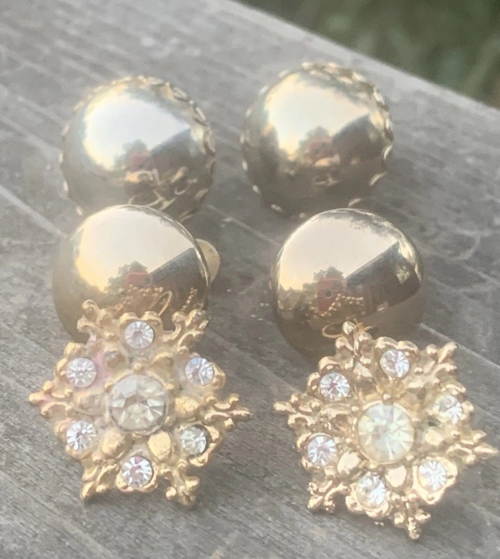Vintage Screw Back Earring Lot of 3 Gold Tone Button Huggie Rhinestone Retro