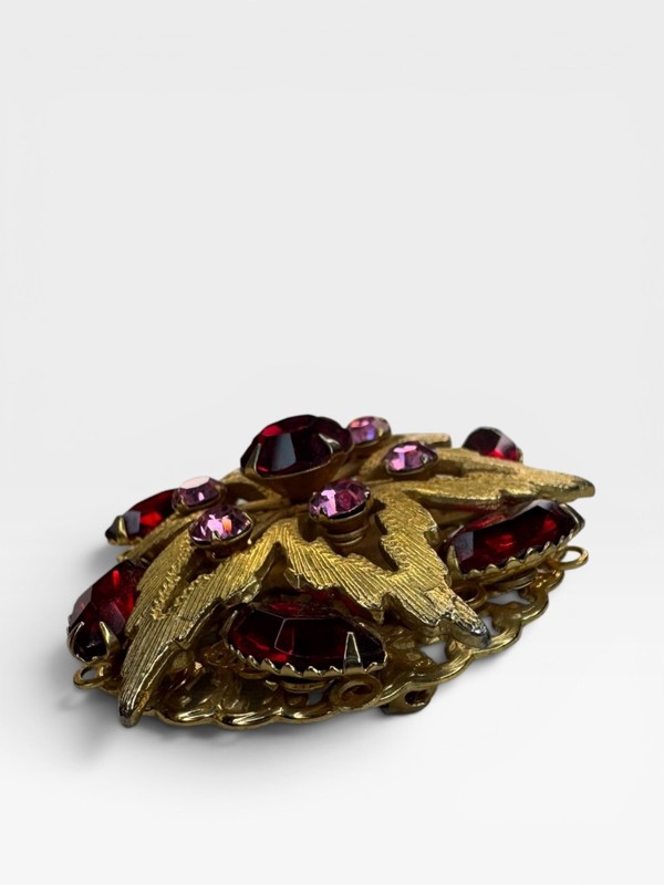 Ruby Red Pink Crystal Floral Brooch Gold Tone Layered Vintage 60s gallery