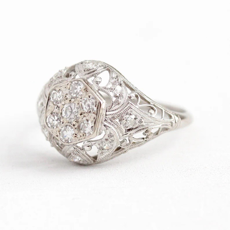1920s Art Deco Style 0.73 TCW Moissanite Bridal Flower Filigree Cluster Ring