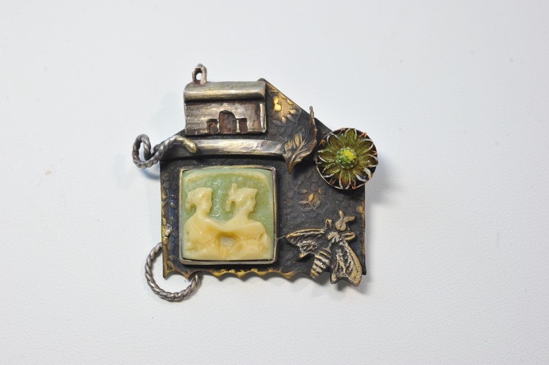 Vtg BROOCH Artisan signed unique flower bug bee cameo - interesting piece gallery
