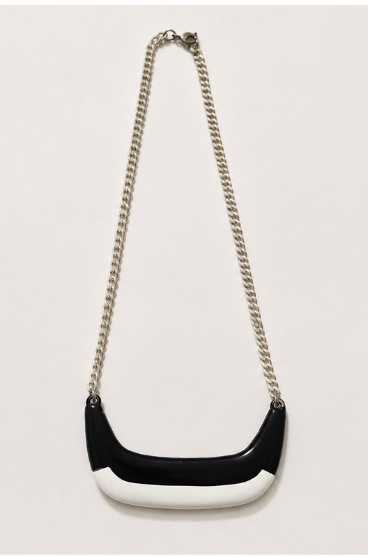 Vintage Black White Mod Statement Necklace Geometric Pendant Silver Tone Chain