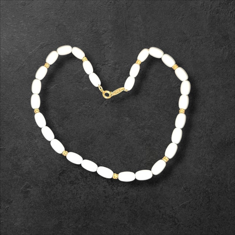 Vintage Direction One White Acrylic Bead Choker Collar Necklace Gold Accents 14″