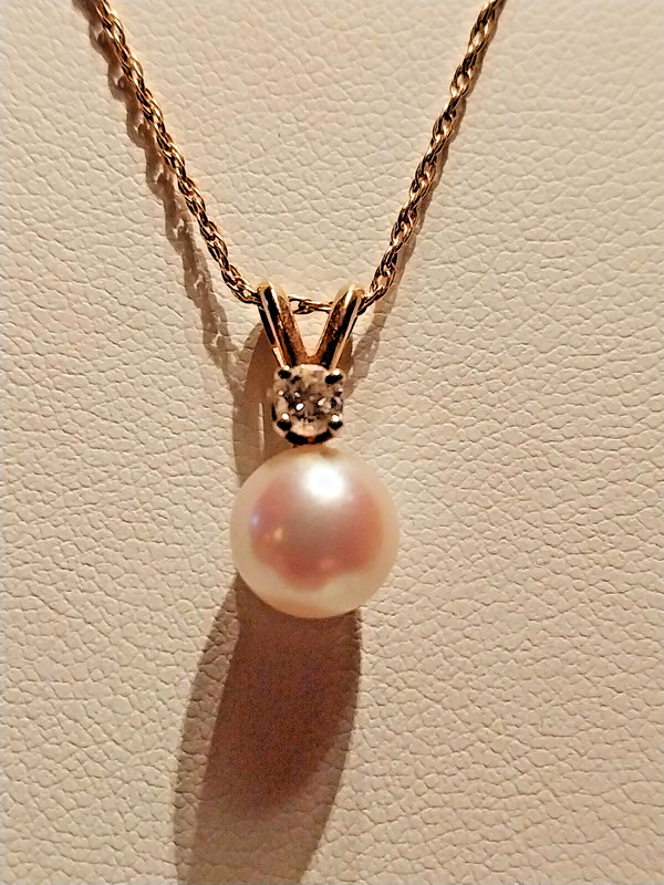Vintage 14k yellow gold 8mm Pearl Diamond Pendant Necklace 2.2gram 18″ J4337LS ❤
