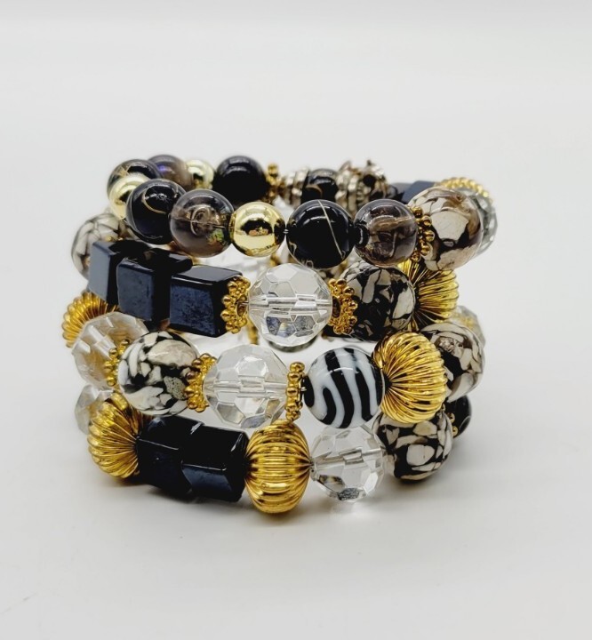 Multicolor Black White Gold tone ANGEL Wrap Around Bracelet Marbled