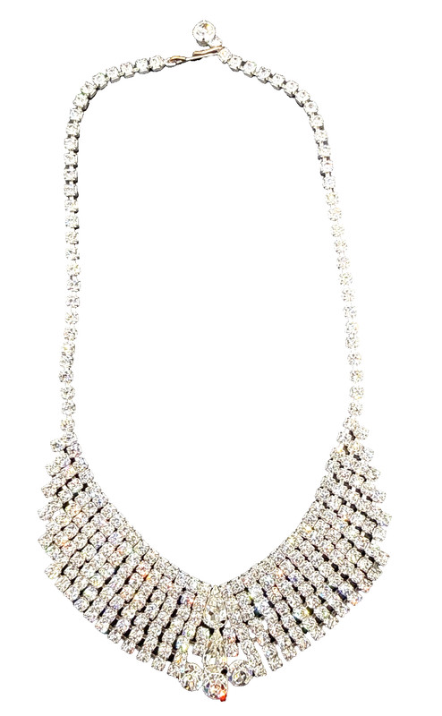 Vintage Rhinestone Fringe Bib Necklace Silver Tone Statement Necklace 15”