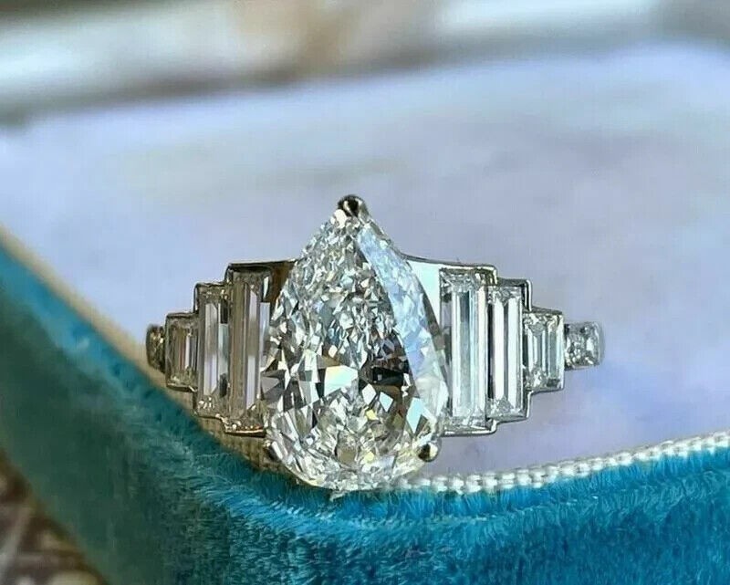 4.25CT Pear Lab Created Diamond Antique Vintage Baguette Ring 14K White Gold FN