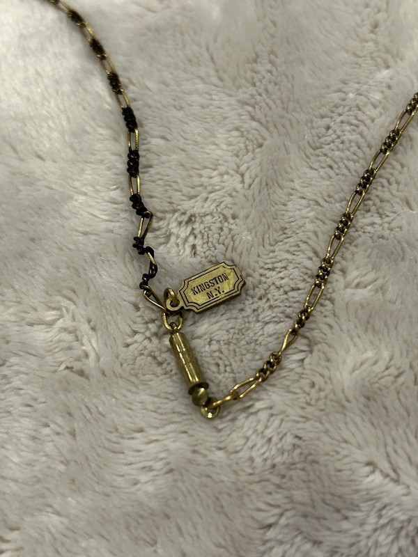 Pididdly Brass Necklace tiny Purple Glass Beads and 15 Mechanical Charms Vintage gallery