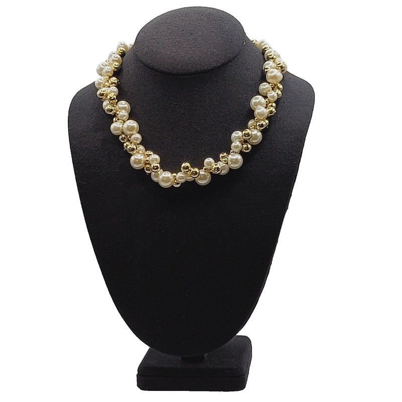 Cluster Bubble Ball Bead Faux Pearl Look Polished Gold Tone Necklace 17 Inch