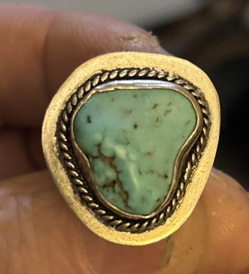 Antique Turquoise Heart Shaped Tibetan, Silver Ring Size 7.5, 7.45gr