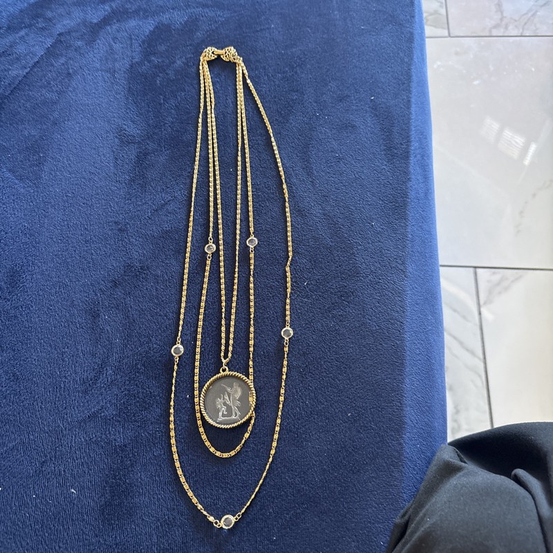 Goldette 3 Strand Pendant Necklace Crystal Cameo