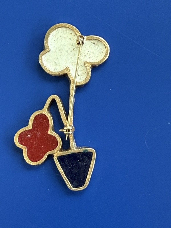Vintag Pop Art 1960s 70’s Flowers In Pot Brooch Resin Red White Blue Gold 2 3/4” gallery
