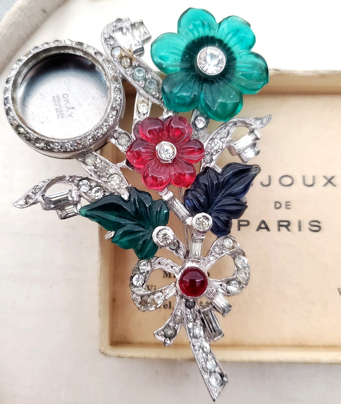 Mazer Unsign As Is Fruit Salad Carved Glass Rhodium Plate Watch Pin Brooch RARE
