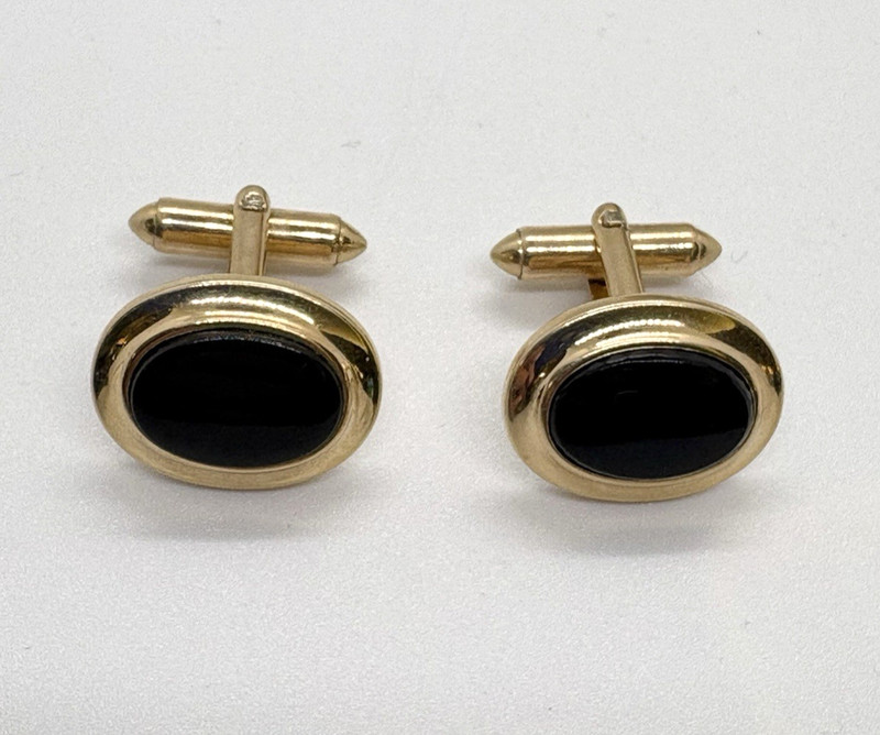 Vintage Hadley USA 12K Yellow Gold Filled Oval Black Onyx Bullet Back Cufflinks