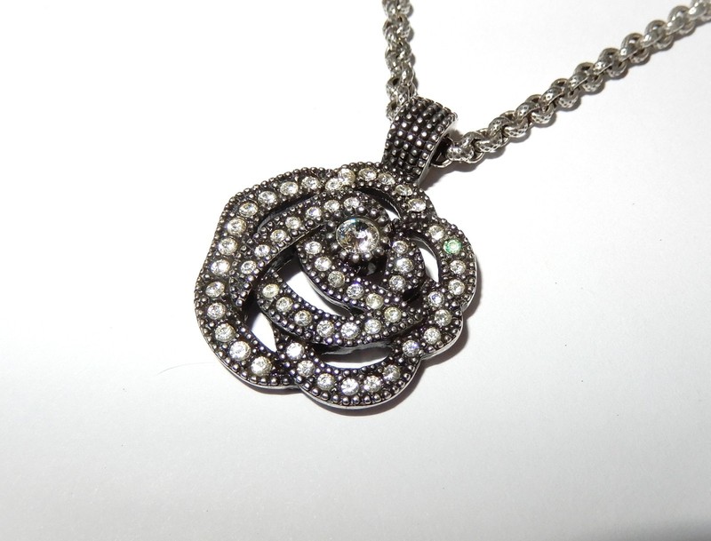Vintage CHRISTIAN DIOR Dark Silver Crystal Rose Pendant Necklace 24" gallery